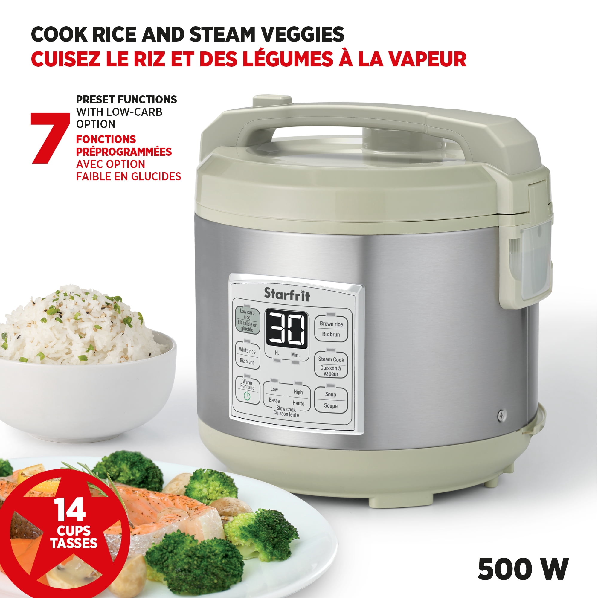 Starfrit Cuiseur À Riz Faible En Glucides 14 Tasses, Réduit Les Glucides, 7 Fonctions, Panier Vapeur, Marmite Antiadhésive, Facile À Nettoyer, Cuisine Saine Riz Brun Blanc Soupe