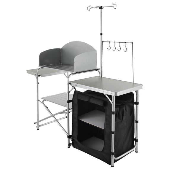 KFFKFF Camping Kitchen Table, Folding Outdoor Cooking Table with Storage Carrying Bag, Aluminum Cook Station 1 Cupboard & Detachable Windscreen, Quick Set-up for Picnics, BBQ, RV Traveling, Black