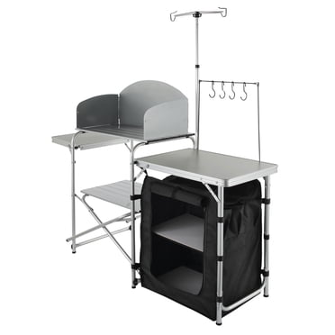 KFFKFF Camping Kitchen Table, Folding Outdoor Cooking Table with Storage Carrying Bag, Aluminum Cook Station 1 Cupboard & Detachable Windscreen, Quick Set-up for Picnics, BBQ, RV Traveling, Black