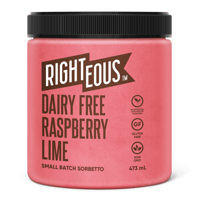 Righteous Gelato Dairy Free Raspberry Lime Sorbetto, RIGHTEOUS GELATO RASPBERRY LIME-Dairy Free Sorbetto made sweet with BC raspberries and slightly sour of fresh lime juice.