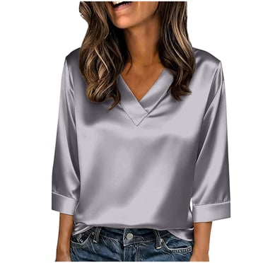 BLVB Blouses en Satin pour Femmes Chemises Soyeuses Col en V Manches 3/4 Tenue de Bureau Décontractée Ample Hauts de Travail de Bureau Vêtements de Printemps Été