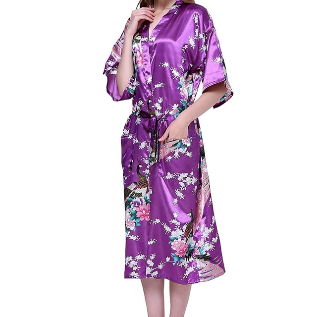 Penkiiy Peignoirs en Soie Simulée pour Femmes Peignoirs pour Femmes Kimono Paon Longue Robe de Chambre Robe Japonaise Robe 3TG Violet