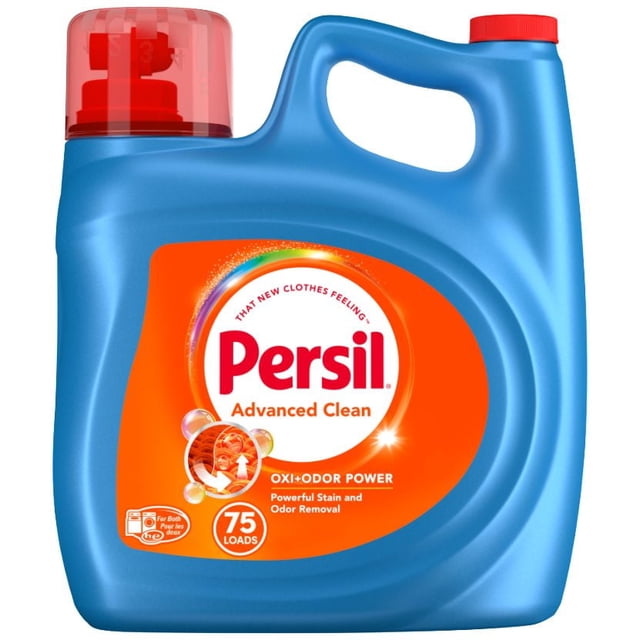Persil Advanced Clean Oxi+Odor Power Liquid Laundry Detergent, 4.43L, 75 Loads, blue plastic jug with ergonomic handle and red cap, featuring an orange label that highlights powerful stain fighting enzymes and odor removal technology for vibrant fabric care in all washer types.