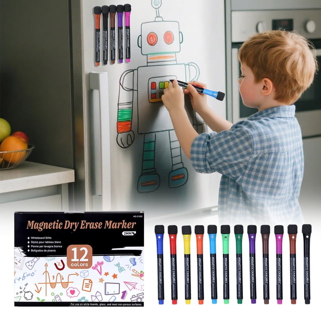 Todaioua Magnetic Dry Erase Whiteboard Markers, 12 Count Colorful Fine Tip Thin Dry Erase Markers with Eraser displayed in vibrant colors such as black, blue, green, red, and more. Designed for precision writing on calendar boards, whiteboards, and reusable surfaces, these markers feature magnetic caps for easy storage and built-in erasers for quick corrections. A child is seen using the markers to draw on a metallic surface, highlighting their versatility for home, office, or school supplies.