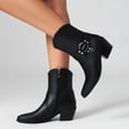 thumbnail image 3 of Womens Mens Cowboy Boots Classic Leather Buckle Pointed Toe Chunky Heels Wide Mid Calf Cowgirl Riding Work Booties, 3 of 8