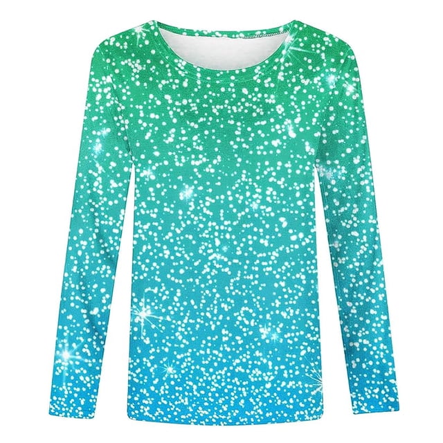 Girls Tshirts Spring Summer Long Sleeve Gradient Sequin Printed Round Neck Flash Shirt Girls Tops Light Green 6-7Years