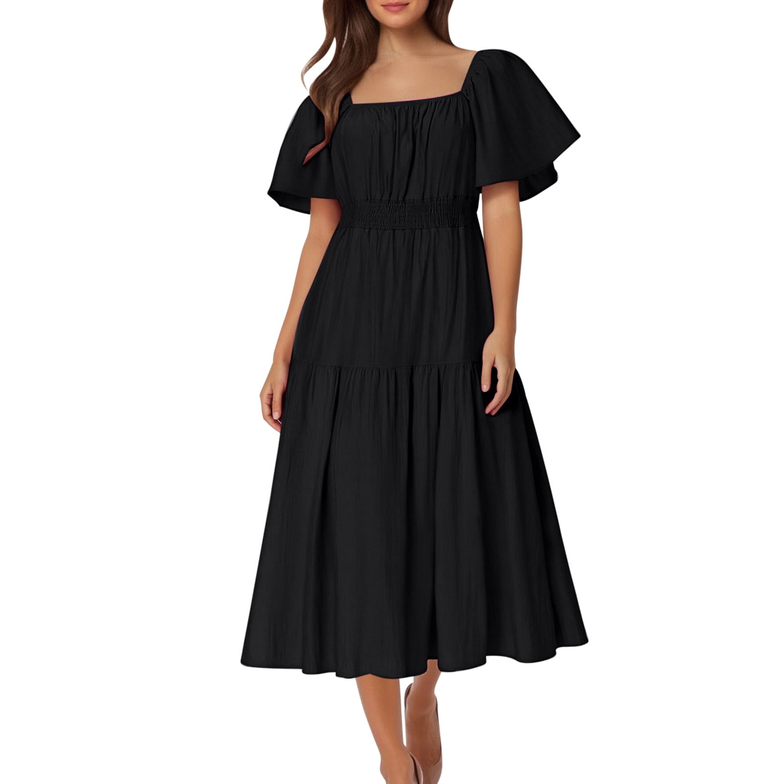 Liquidation d'Économies d'Été 2025 Bovxnpu Robe d'Été pour Femme, Robes Maxi Décontractées pour Femme Robe Bohème de Plage, Robe d'Été Décontractée pour Femme à Encolure Carrée à Manches Courtes Unie G