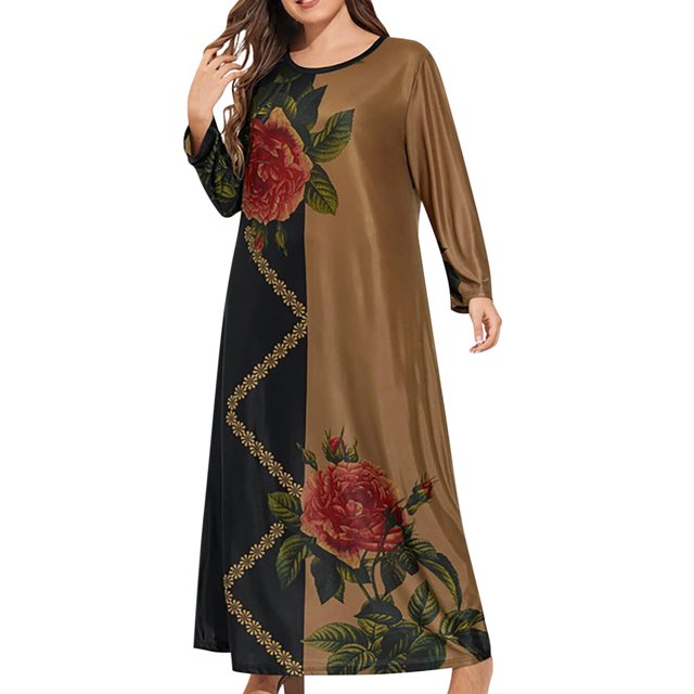 LSLJS Plus Size Women Casual Loose Printed Long-sleeve Crew-Neck Dress