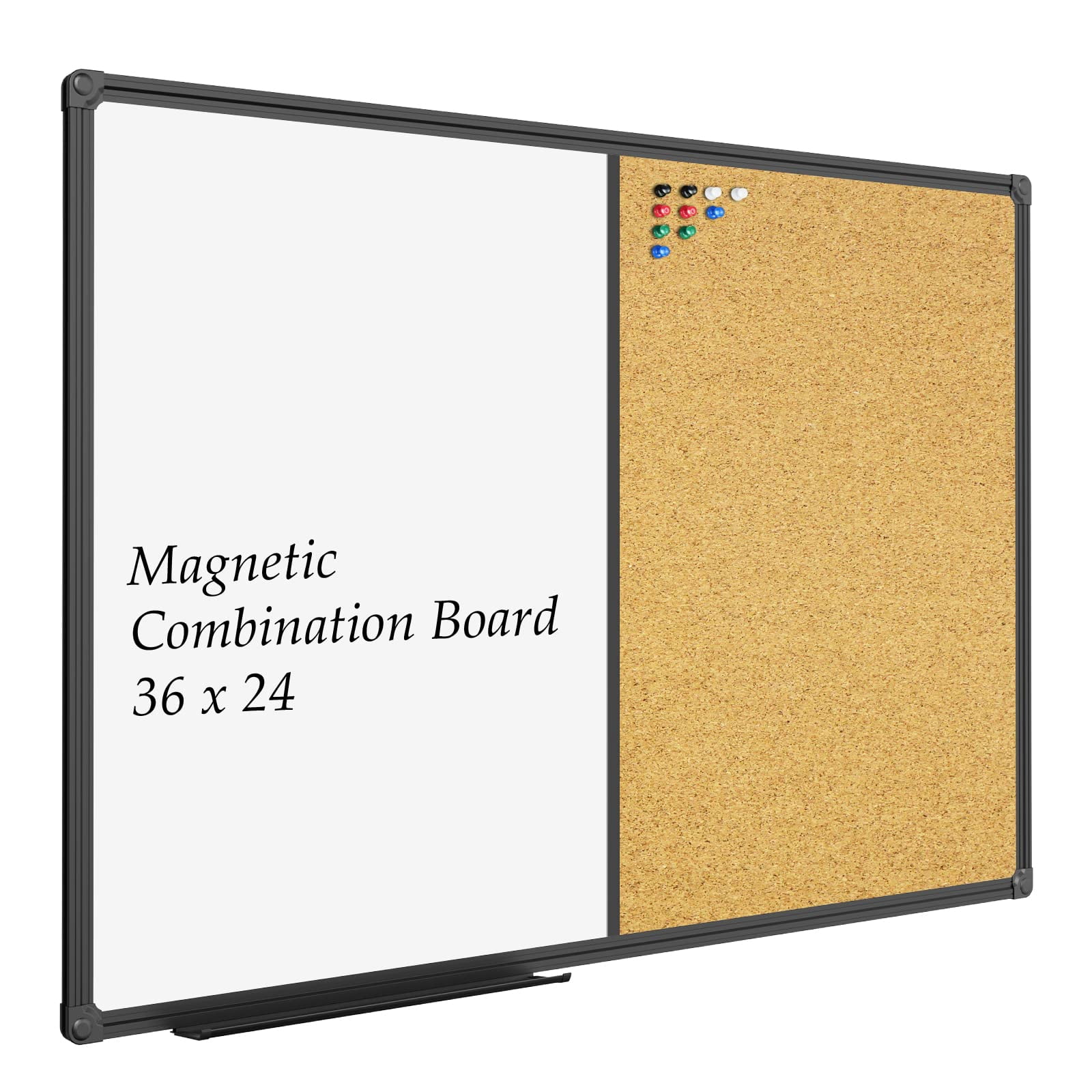 JILoffice White Board & Bulletin Corkboard Combination, Combo Board 36 x 24 Magnetic Whiteboard, Black Aluminum Frame Wall Mounted Board for Office H