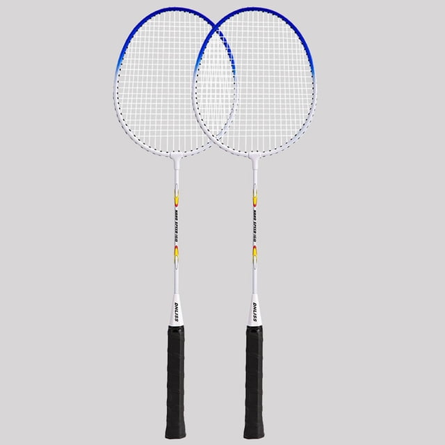 2 Pieces Badminton Racket Set by DYNWAVECA, featuring two durable and lightweight badminton racquets made of iron alloy. Each racket measures 67.5 cm (26.57 inches) in length and is designed for adults and teenagers. The set is ideal for backyard games, practice sessions, or family activities, promoting physical fitness and interaction. The rackets have a white frame with blue accents and black grips, shown against a plain background.
