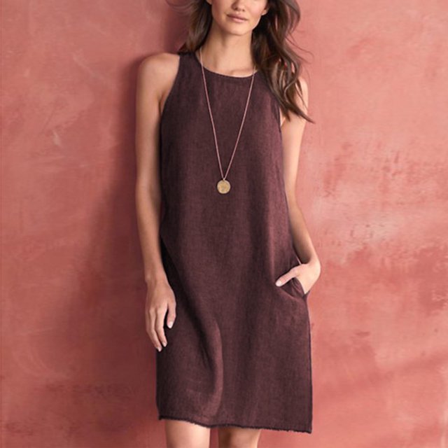 EGNMCR Robes de Fête pour Femmes Robe Débardeur Décontractée Sans Manches de Printemps/été pour Femmes, Unie, Ample, Col Rond, Plissée, en Coton et Lin