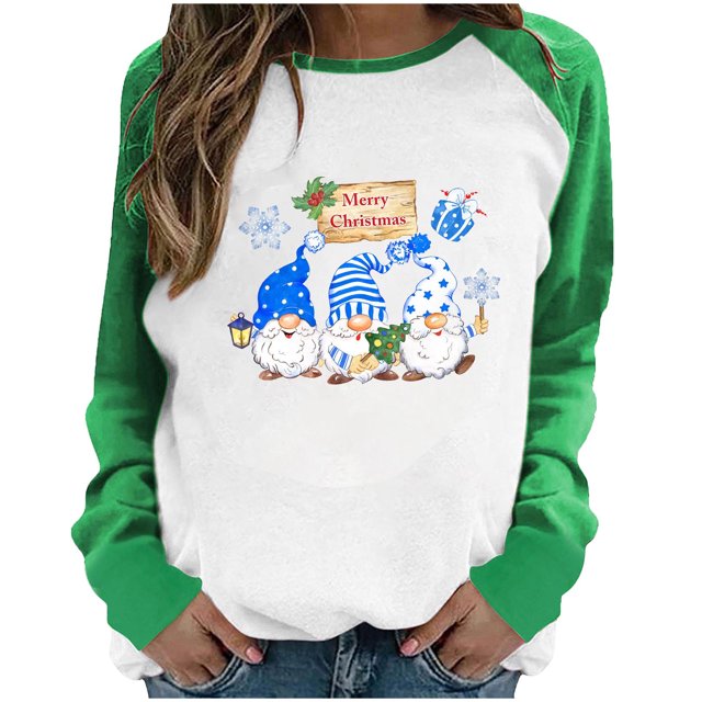 RKSTN Chandail pour Femmes de Noël à Col Rond, Chandail Imprimé du Père Noël, Manches Longues, Blouse Régulière à Empiècements