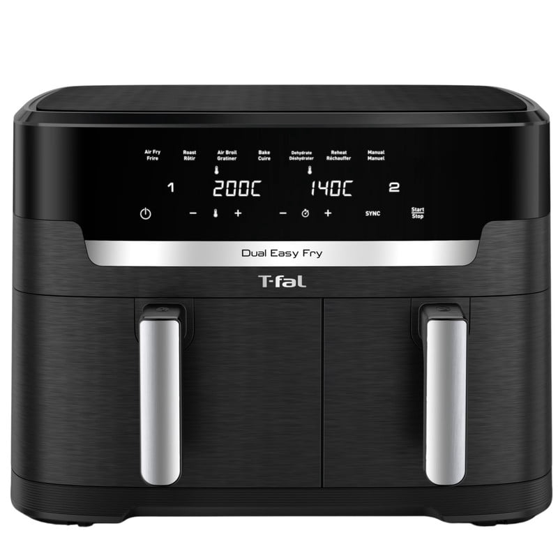 T-fal XXL Dual Air Fryer, 11.6 Quart, 7 in 1 cooking programs, dual basket air fryer, airfryer, extra crisp, roast, bake, reheat, dehydrate, sync mode, Dishwasher Safe components, Black