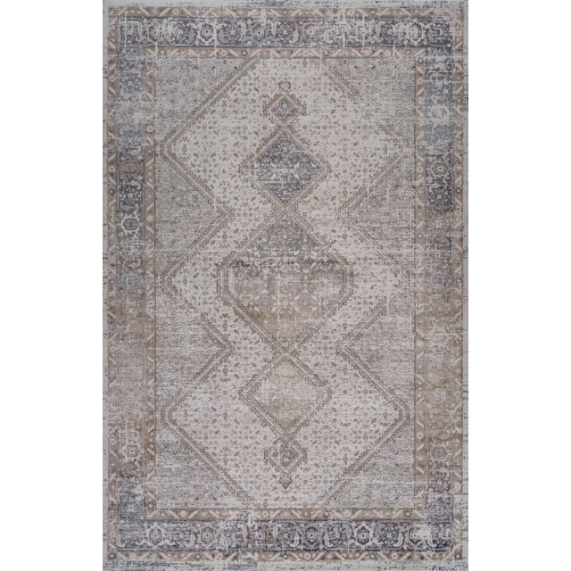 Rug Branch Atlas Persian Indoor Area Rug in beige grey with distressed finish, featuring a central diamond pattern and detailed border, made of 100% polyester, suitable for living room, bedroom, dining room, kitchen, and decorative home office use.