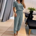 thumbnail image 2 of Haut Blouse à Manches Courtes Solide 2 Pièces pour Femmes + Ensembles de Pantalons à Poches Amples, 2 of 6