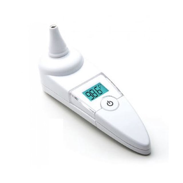 American Diagnostic Adtemp Tympanic IR Ear Thermometer - ADC421, featuring a compact ergonomic design with a probe-cover-free structure for convenience. The thermometer includes a large 6mm illuminated LCD display for easy reading and measures core temperature instantly and accurately from the ear. It meets ASTM E1965-98 standards for accuracy and includes a 12-reading memory. The device is latex-free, powered by a CR2032 battery, and comes with a zippered nylon storage case and operating instructions.