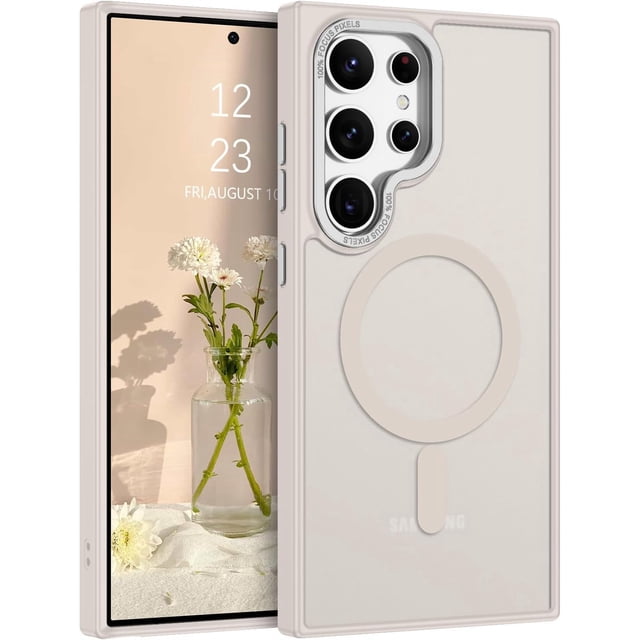 Samsung Galaxy S25 Ultra Case by Phonesmart, featuring a matte rubber hybrid back cover in grey with a built-in magnetic ring compatible with MagSafe accessories. The case offers military-grade drop protection, a semi-transparent anti-fingerprint finish, and precise cutouts for buttons and ports. Shown on a Samsung Galaxy S25 Ultra with a floral wallpaper display.