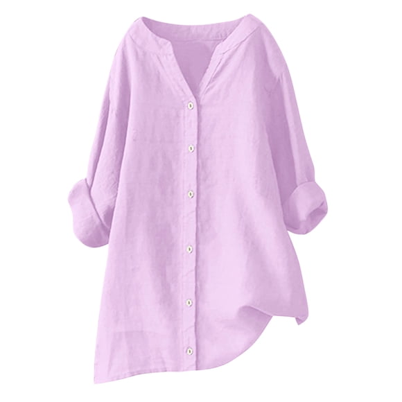 LMKIHUSA Gauze Cotton Linen Button Down Shirts for Women Long Sleeve V Neck Solid Color Blouses Dressy Spring Summer 2025 T Shirt Casual Vacation Going Out Tees Pink,XL