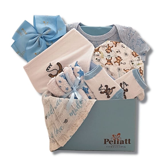 A Little Love Baby Boy Gift Basket with Cotton Onesie, Swaddling Blanket, Hat, Socks, Non-Scratch Mittens and Washclothes