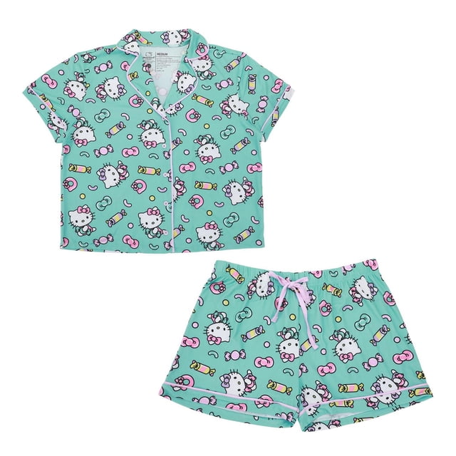 Women's Hello Kitty Button-Up Shirt & Shorts Sleep Set in mint green with an all-over candy-themed print featuring Hello Kitty faces, pink bows, and wrapped candies. The short-sleeve button-up top has white piping, paired with matching elastic waist shorts with a pink drawstring. Made from soft, breathable fabric ideal for comfortable sleepwear and casual loungewear.