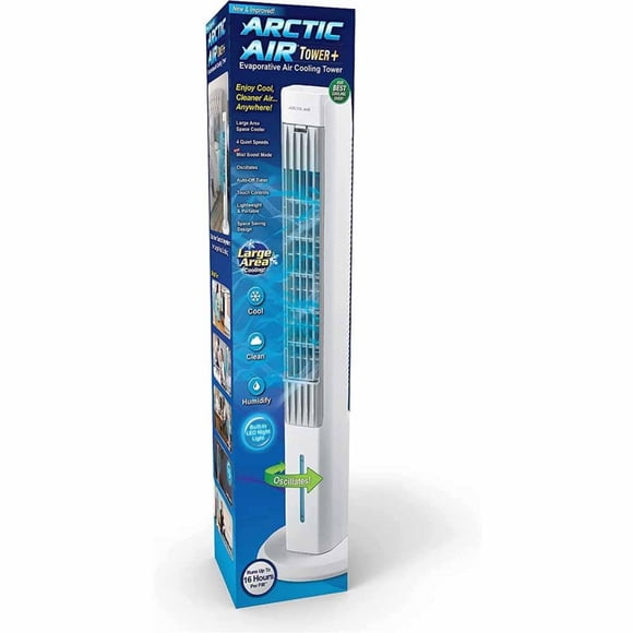 Arctic Air Tower+ Indoor Evaporative Cooler with Oscillating and Quiet Fan Function, Auto-Off Timer, 4 Fan Speeds, LED Night Light, 16-Hour Cooling, Fan for Bedroom, Living Room, Office & More,White