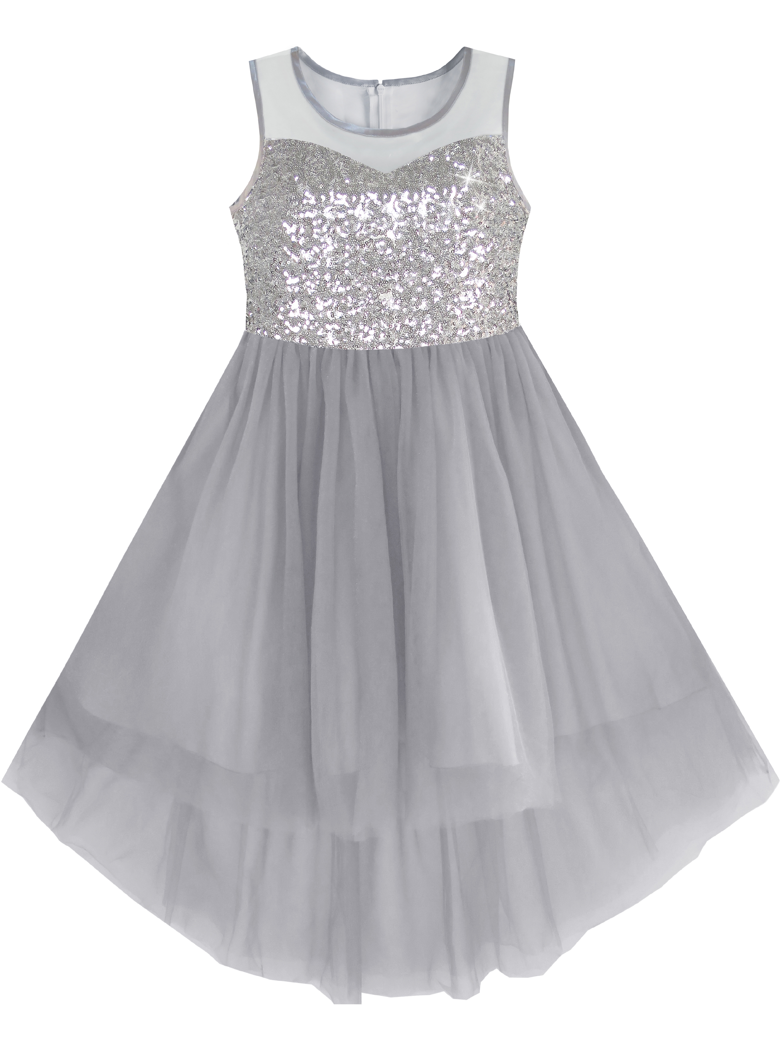 Girls Dress Gray Sequined Tulle Hi-lo Wedding Party Dress 14 Years