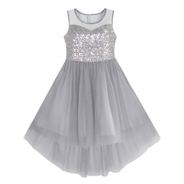 Robe Fille Grise en Tulle à Paillettes Hi-lo Robe de Fête de Mariage 14 Ans