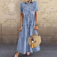 thumbnail image 1 of zanvin Robes d'Été pour Femmes, Mode Femmes Bouton Ample Uni Col en V Imitation Denim Manches Courtes Longue Robe, Cadeaux pour Fille, 1 of 6