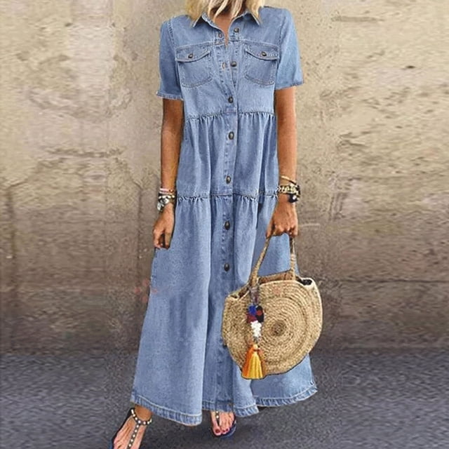 zanvin Robes d'Été pour Femmes, Mode Femmes Bouton Ample Uni Col en V Imitation Denim Manches Courtes Longue Robe, Cadeaux pour Fille