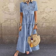 TIMIFIS Women Denim Shirt Dresses Short Sleeve Distressed Jean Dress Casual Maxi Dress for Women ummer