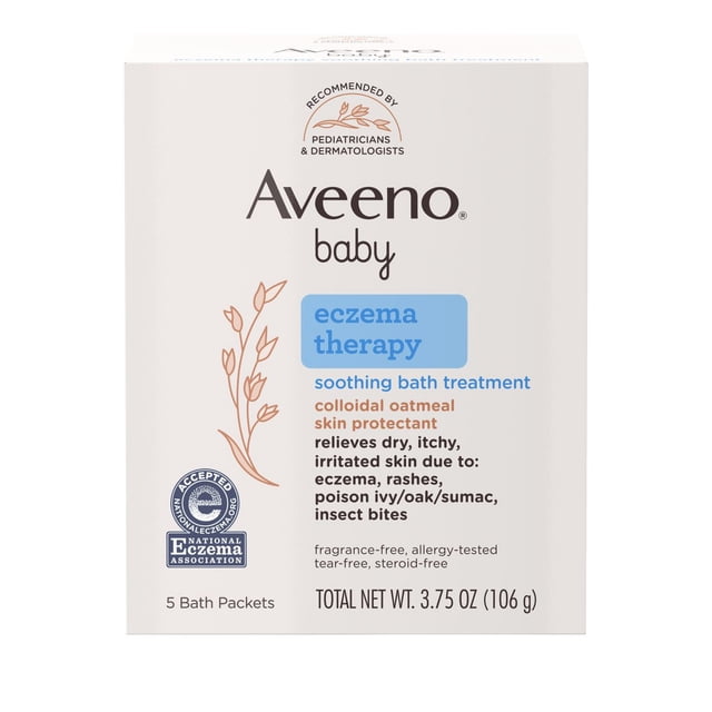 Aveeno Baby Soothing Baby Bath Treatment box with eczema therapy using natural colloidal oatmeal to soothe dry, itchy, irritated skin from eczema, rashes, poison ivy/oak/sumac, and insect bites; fragrance-free, tear-free, hypoallergenic, includes five 21-gram single-use bath packets.