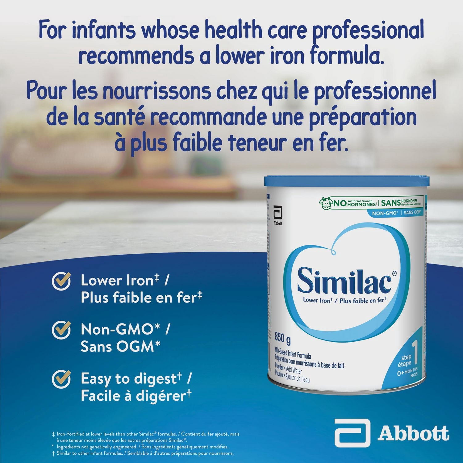 Similac Lower Iron Non-GMO Baby Formula Powder, Newborn Formula, 0+ Months, 850 grams