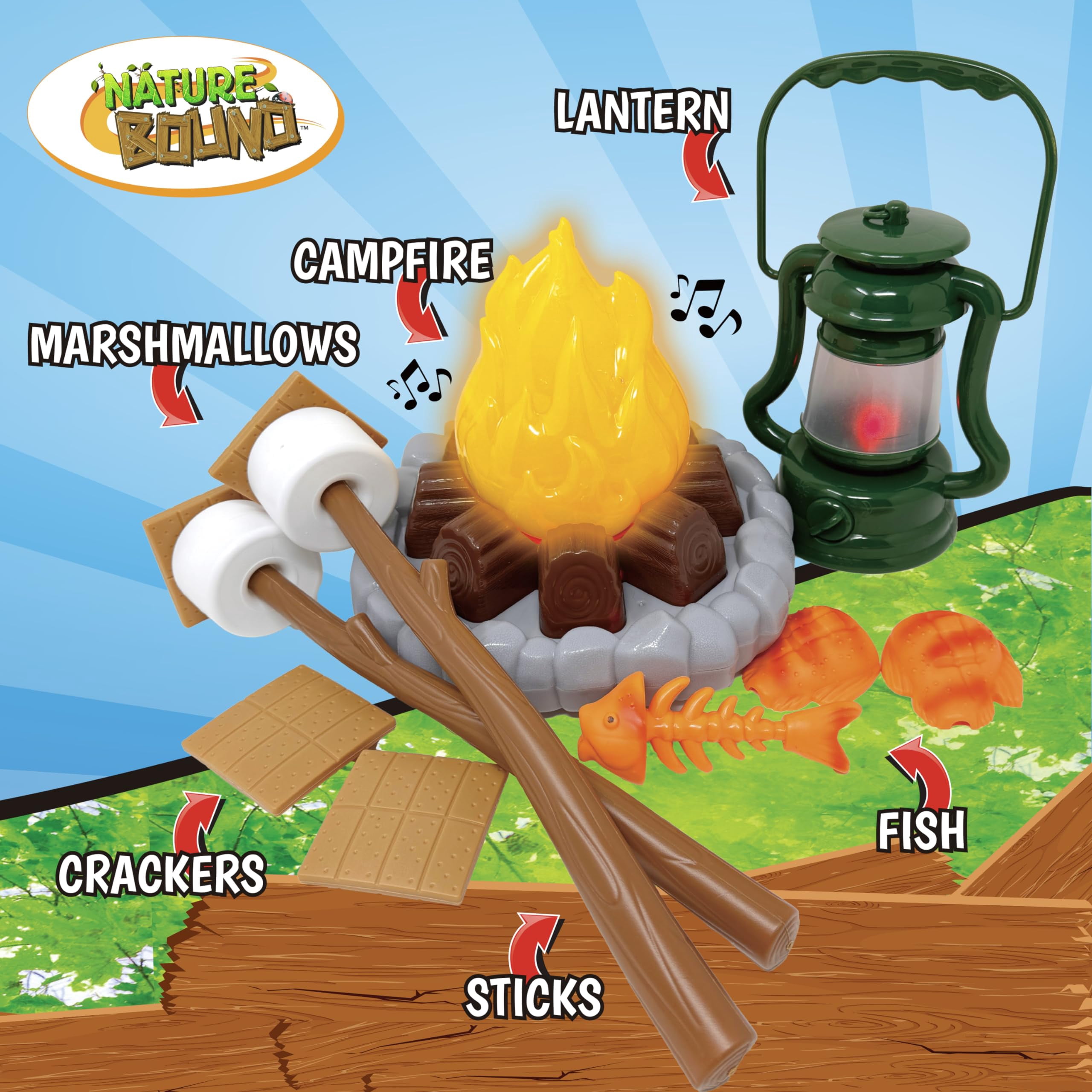 Nature Bound – Ensemble de camping pour enfants avec feu de camp lumineux – Coffret de jeu avec lumières pour aventures intérieures et extérieures – S’mores factices, lanterne et accessoires