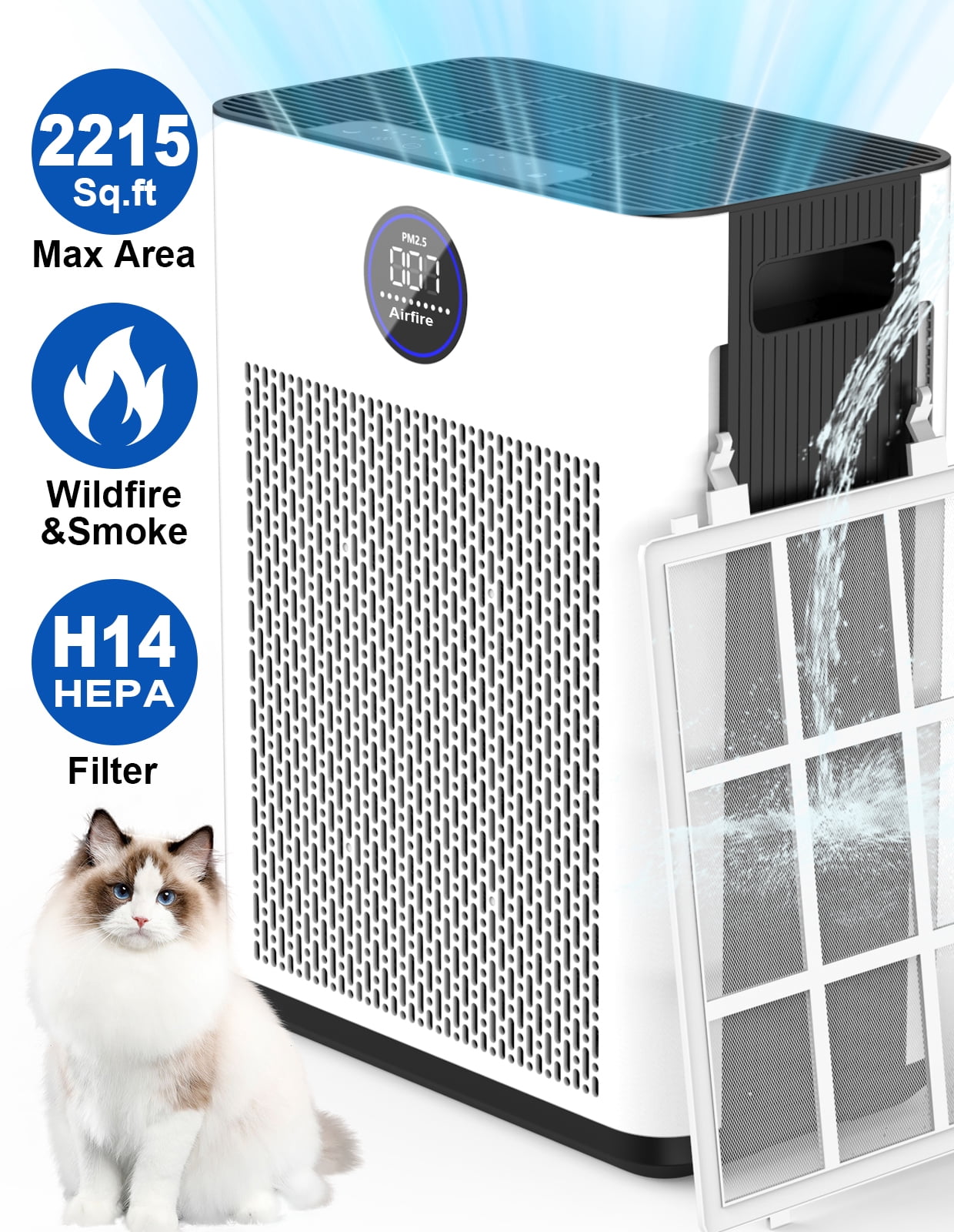AIRFIRE H14 HEPA Air Purifiers for Home up to 2215 Sq.ft, Air Purifier for Allergies and Asthma, Pollen, Wildfire/Smoke, Pet Dander & Odour, Dust, Model AP304, White
