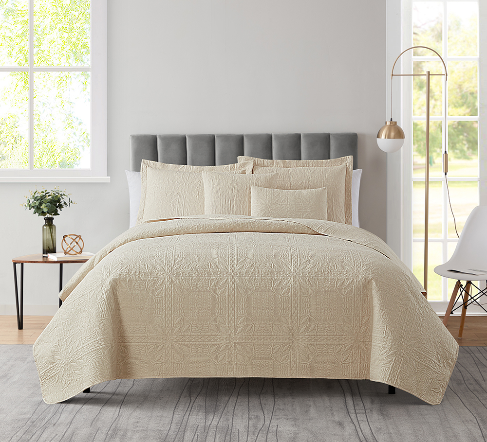 Clara Clark Home Quilt Set Bedspread - Ultra Soft Microfiber Embossed Grid Weave Pinsonic Lightweight - Quilted Comforter 5 Piece Bedding Set - 2 Pillow Shams, 2 Euro Shams - Queen, Beige Cream