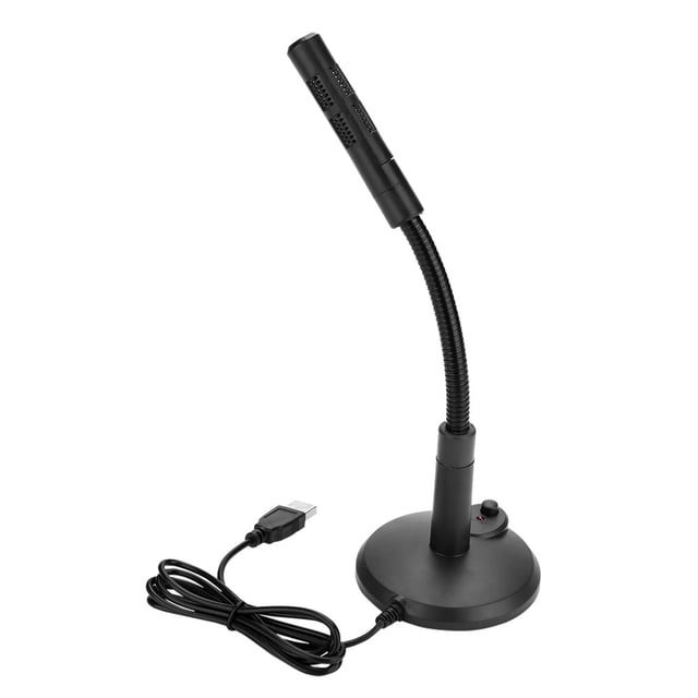 WALFRONT Omnidirectional USB Microphone for Computer Desktop with a black metal gooseneck design and sturdy non-slip base. Features include omnidirectional sound absorption, background noise elimination, and a plug-and-play USB connection. Suitable for recording, online chatting, conferences, and remote education. Includes an independent key switch for convenience.