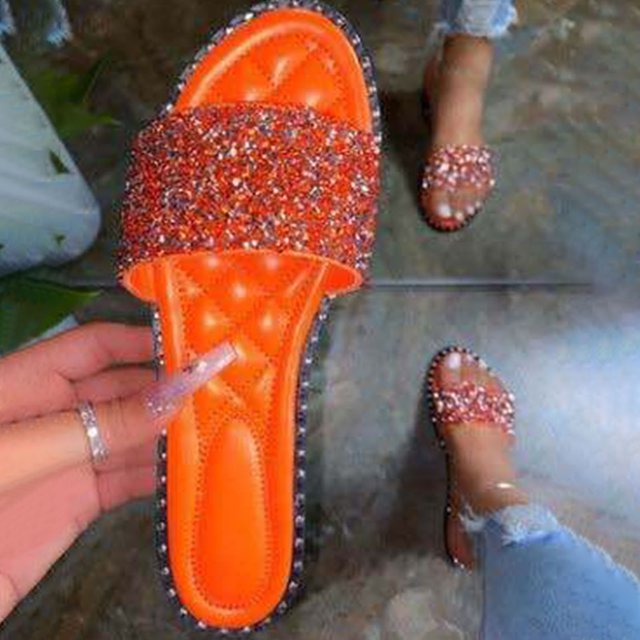 LSLJS Fashion Flat Sandals Rhinestone Slipper Summer Beach Slipper, Women's Slippers
