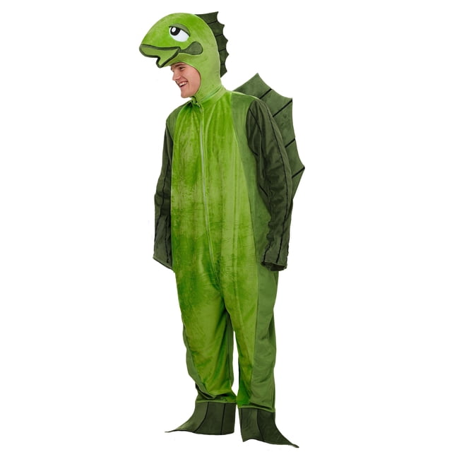 Costume de Poisson pour Adulte, Combinaison Intégrale Verte Effet Velours avec Fermeture Éclair avant, Capuche Personnage de Poisson Attachée et Fermeture à Menton Velcro, Aileron Arrière Rempli de Mousse, Manche Attachée et Ailes de Pantalon, Couvre-Pieds Surdimensionnés avec Détails d'Aileron; 100 % polyester, Bouche de Poisson Non en Maille. Utilisé Souvent pour des Fêtes à Thème Ou des Photomatons.