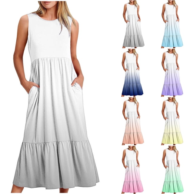 2024 Longues Robes Maxi à Bretelles Spaghetti pour Femmes Été, Robes Maxi Dégradées Sans Manches pour Femmes Grande Taille, Robes d'Été Décontractées à Col Rond pour la Plage Robe Évasée, Robe Maxi Fluide à Étages pour Femmes