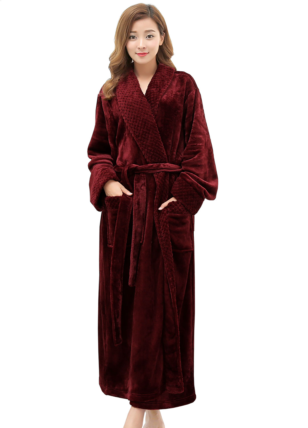 Artfasion Womens Long Flannel Bathrobe Solid Soft Plush Bath Robe Microfiber Fleece Full Length Sleepwear