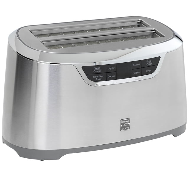 Kenmore Elite 4-Slice Long Slot Toaster in silver stainless steel with auto-lift and digital controls. Features extra-wide long slots for up to 4 slices, an LED display, and smart settings including 9 browning options, bagel, warm, defrost, and cancel. Includes a digital countdown timer, one-touch auto-lift function, and self-adjusting bread guides. Suitable for various bread types like artisanal loaves, bagels, waffles, and English muffins. Contemporary design with automatic cord retraction.