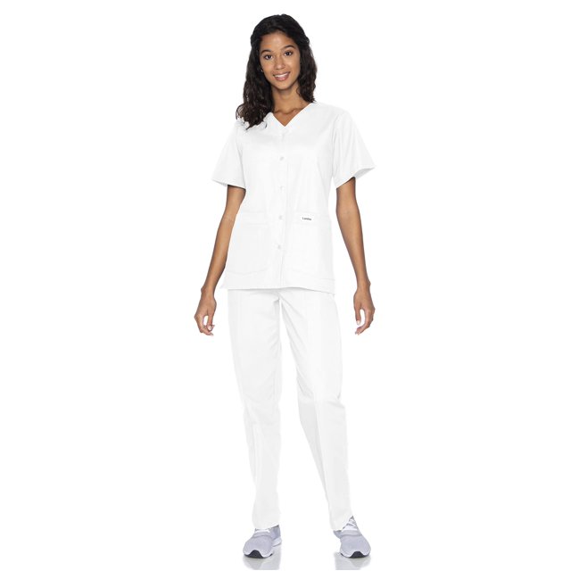 Landau Women's Essentials Snap Front Scrub Top, Classic Relaxed Fit, V-Neck, 4 Pockets