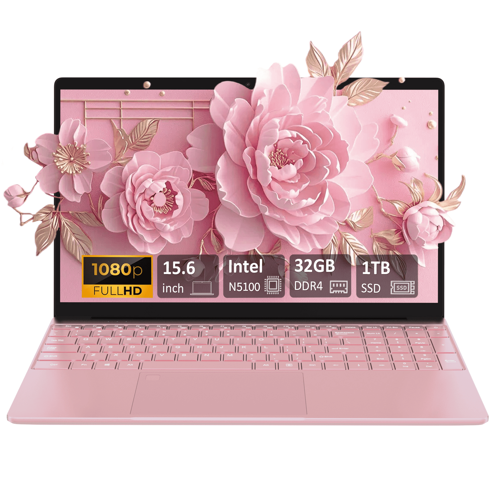Auusda Laptop, Windows 11 Pro 15.6" Intel Celeron Processor N5100 Home Computer, 32GB RAM 1TB SSD, Backlit Keyboard, Fingerprint Unlock,Pink