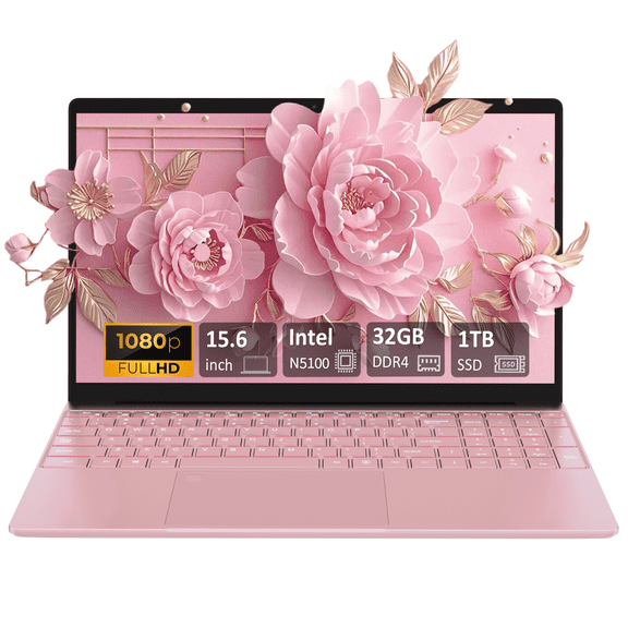 Auusda Portable, Windows 11 Pro 15,6 Pouces Processeur Intel Celeron N5100 Ordinateur Domestique, 32 Go RAM 1 To SSD, Clavier Rétroéclairé, Déverrouillage par Empreinte Digitale, Rose