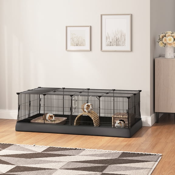 LEDREM Parc pour Petits Animaux avec Tapis Imperméable, Cage pour Cochons d'Inde et Lapins 48,4 x 24,8 Pouces avec Porte Supérieure et Latérale, 20 Panneaux, Noir Encre