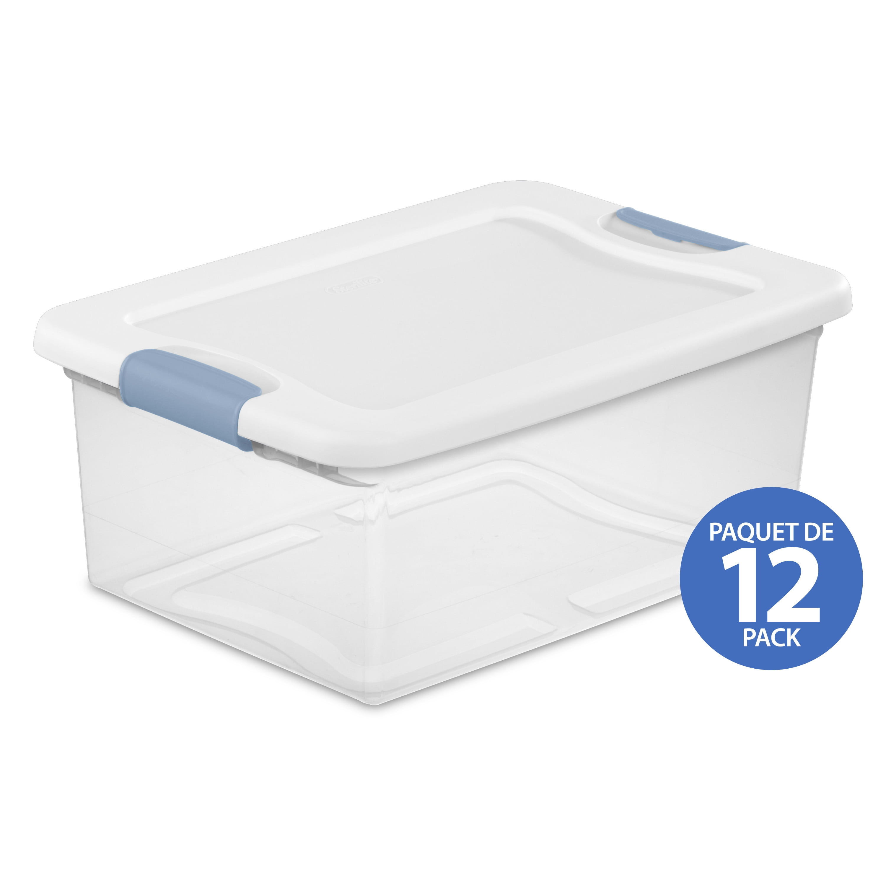 Sterilite Bac à loquets de 14 L, petit bac de rangement en plastique transparent avec couvercle et loquet bleu pâle, 12 Pk