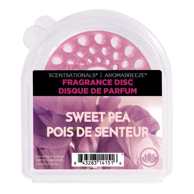 ScentSationals AromaBreeze Fragrance Disc Sweet Pea in clear plastic packaging with a pink perforated disc and floral label, designed for plug-in air fresheners to provide long-lasting home fragrance.