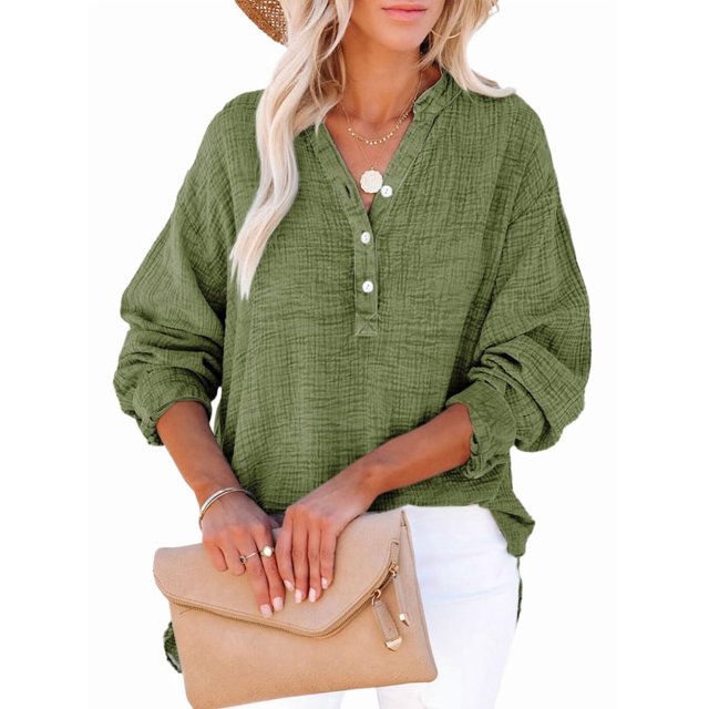 Womens Casual Button V Neck Long Sleeve Shirts Oversized Solid Blouses Tops Green M