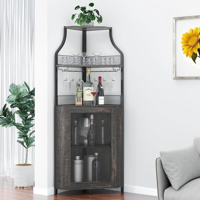 Armoire de Bar d'Angle, Armoire à Vin Moderne avec Tablettes de Rangement et Porte en Treillis, Armoire de Rangement pour Alcools de Bar à Domicile avec Support en Verre pour Salon, Salle à Manger