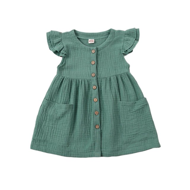 Gupgi Robe à Manches Volantes pour Filles Couleur Unie Col Rond Robes à Simple Boutonnage